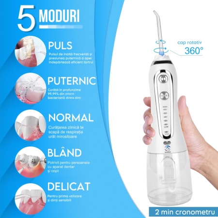 Irigator Oral Profesional pentru Dus Bucal, SeveShop, Fara Fir, Portabil, IPX7, Presiune 30-110 PSI, 6 Capete Curatare, Rezervor 300 ml, Baterie 2000mAh, 5 Viteze, Curatare Interdentara si Subgingivala, Protectie Supraincalzire, Alb Alpin - Img 2