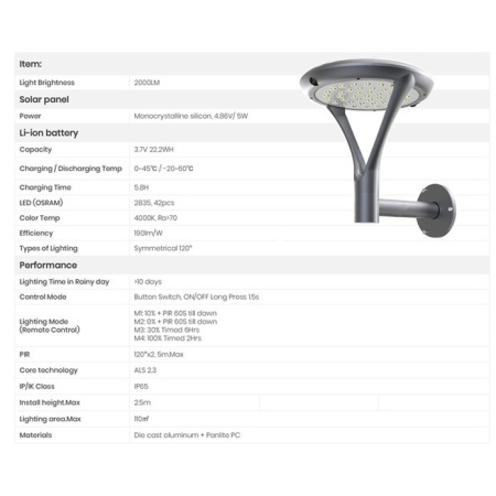 Lampa Solara LED Portabila de Exterior, Neosimply Camping, 2000 lumeni, 3 Moduri de utilizare, cu senzori de luminozitate si miscare, Grey - Img 3