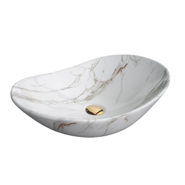 Lavoar De Blat PRO ZUZAN, Dimensiuni 60.5 X 36 X 15 Cm, Montaj Pe Blat, Design Deosebit, Forma Ovala, Ceramica Sanitara, Marmura/Gri - Img 4