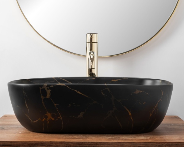 Lavoar de blat REA ERA BELINDA MARBLE MAT, Dimensiuni 46.5cm x 33.5x 13.5cm, Ceramica Sanitara, fara gaura baterie, Negru - Img 6