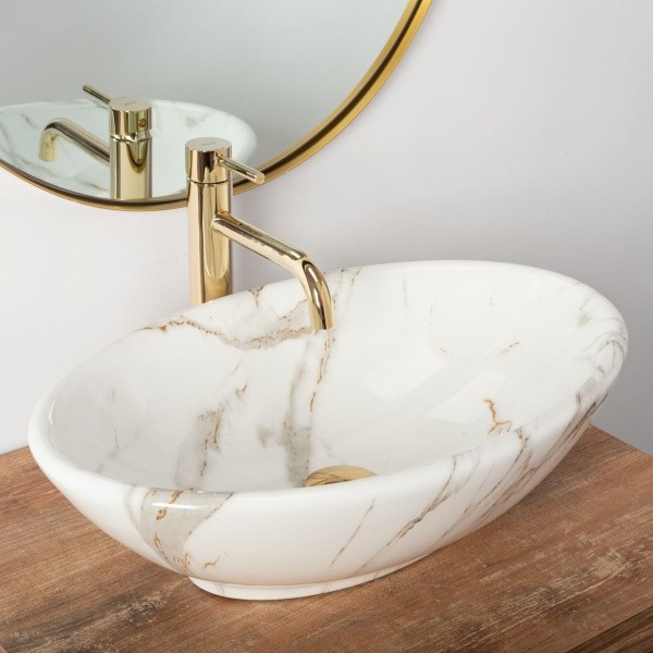 Lavoar de blat REA PAMELA AJAX SHINY, 53x 33x 15 cm, Montaj Pe Blat, Design Deosebit, Forma Rotunda, Ceramica Sanitara, Alb imitatie piatra - Img 5