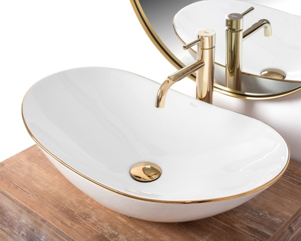 Lavoar de blat REA ROYAL GOLD EDGE, 62.5x 36x 15 cm, Montaj Pe Blat, Design Deosebit, Forma Rotunda, Ceramica Sanitara, Alb - Img 2