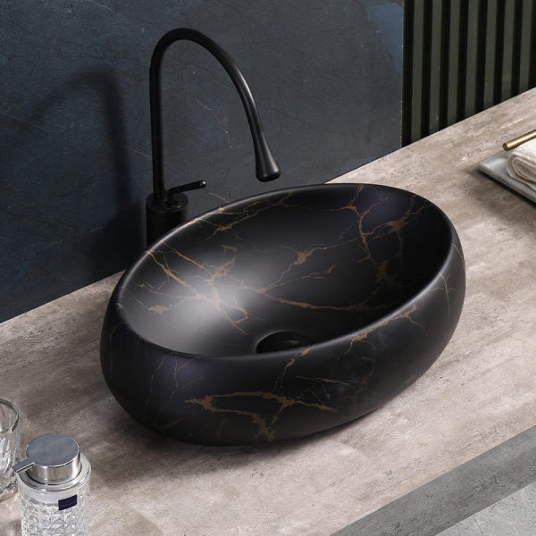Lavoar pe blat, Cari, marmura ceramica negru cu model auriu, Oval 60x40.5x15.5cm - Img 2