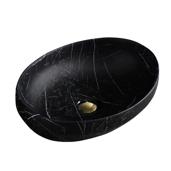Lavoar pe blat, Lumo, marmura ceramica negru cu model alb, Oval 50x37.5x14.5cm - Img 3