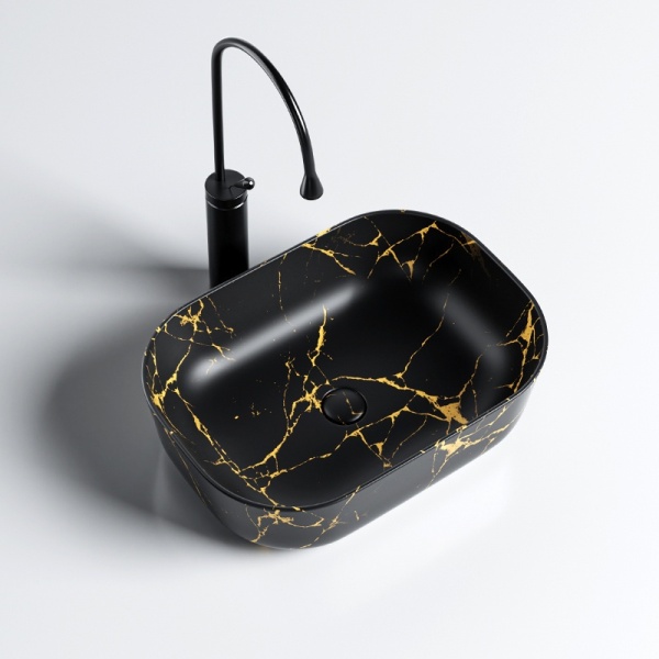 Lavoar pe Blat, Milo, Marmura Ceramica Negru Mat cu Model Auriu , Dreptunghiular 45,5 x 32,5 x 13,5 cm - Img 8