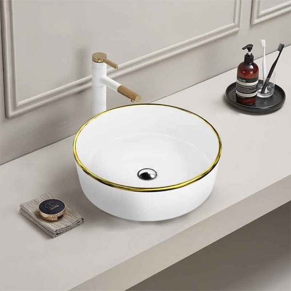 Lavoar rotund cu montare pe blat Spectrum Rosina Gold Line alb-auriu - Img 4