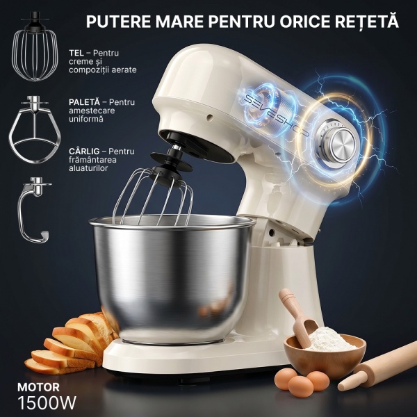Mixer Cu Bol 4.7L SeveShop® Teendow, Din Inox, Mixer Profesional 1500W, 12 Trepte De Viteza, Mod Pulse, Cap Rabatabil, Accesorii Incluse Pentru Framantare, Mixare Si Batere, Mixer Bucatarie Pentru Aluat, Creme Si Deserturi, Culoare Alba - Img 6