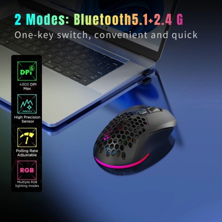 Mouse Wireless Profesional pentru Home &amp; Office ODISSEY LIFE®, 4800 Dpi, Reincarcabil, Iluminare RGB, Dual Mode BT 5.1 si wireless, Dual magnetic cover, - Img 3