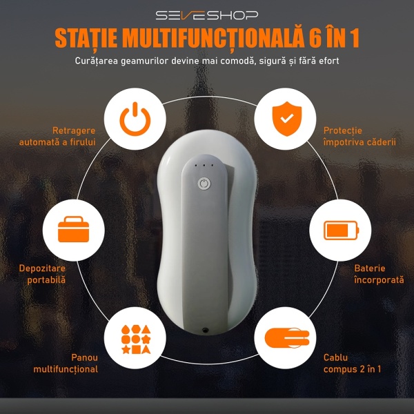 Robot Curatare Geamuri, SeveShop®, Robot Spalat Geamuri Cu Pulverizare Apa Bidirectionala, Stergator Electric Ultra-Subtire Pentru Sticla, Aspirator Geamuri Cu Control APP Si Telecomanda, Tehnologie iAdapt, Protectie Cvadrupla, Alb - Img 2