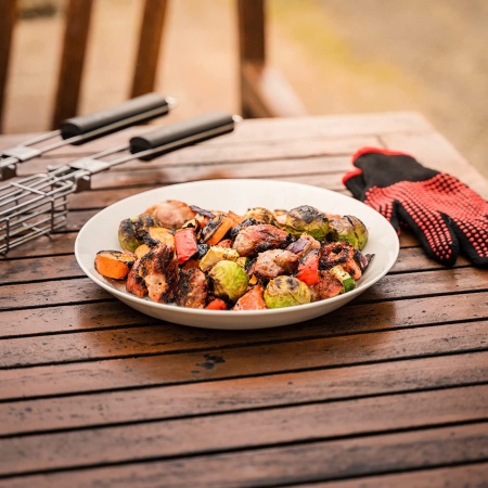 Set pentru Gratar compus din 4 grile extra lungi din otel inoxidabil cu maner de lemn plus manusa si termometru digital pentru carne, legume, fructe de mare - Img 8