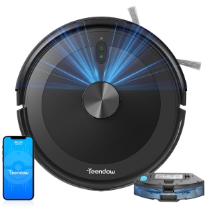 Aspirator Robot Podea 3 in 1 SeveShop® D10S Teendow, Functie Mop, WiFi Navigatie LiDAR 360°, Harti Multi-Etaje, Putere de Aspirare 4500 Pa, Control prin Teendow si Alexa, Spalare, Multi-Suprafete, Aspirare Robot, Autonomie 2600 mAh, Slim 9.8 cm, Negru