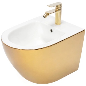 Bideu REA CARLO MINI, 49.5 X 37 X 32.5 Cm, Montaj Suspendat, Ceramica Sanitara, Alb/Auriu - Img 1