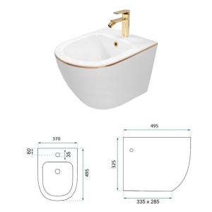 Bideu REA CARLO MINI, Montaj Suspendat, Ceramica Sanitara, 49.5x37x32.5 cm, Alb/Auriu - Img 4