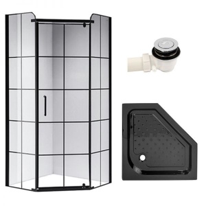 Cabina de dus BS06B Pentagonala, Design Modern 90x90cm ,Culoare Negru , Cu Cadita de dus - Culoare Negru