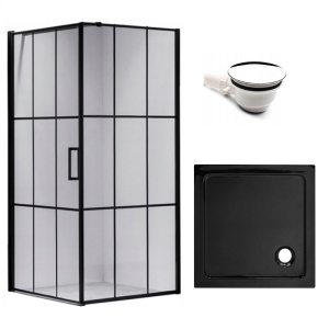 Cabina de dus BS13B patrata 90x90cm, Culoare Negru+Cadita de dus ST02B, Culoare Negru