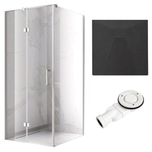 Cabina de dus KZ01C Patrata 90x90cm, Design Modern Crom + Cada de dus Riko, Culoare Negru