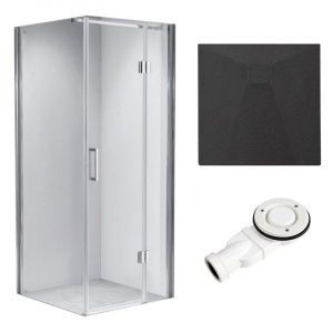 Cabina de dus KZ1390B Patrata 90x90cm, Design Modern Crom+Cada de dus Riko, Culoare Negru
