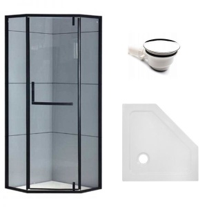 Cabina de dus KZ4026A Pentagonala , Design Modern 80x80cm, Culoare Negru + Cadita de Dus, Culoare Alb