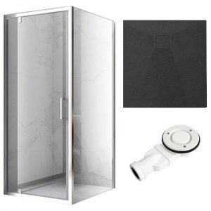 Cabina de dus Patrata KZ04C, Dimensiune 90x90cm, Culoare Crom+Cadita de dus RIKO neagra