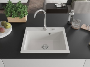 Chiuveta bucatarie granit Elix cu sifon crom, culoare alb, 60x50cm - Img 3
