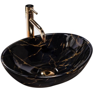 Chiuveta de blat REA SOFIA BLack Marble, Dimensiuni 41 x 34.5x 15 cm, Forma Ovala, Ceramica sanitara, Negru/Auriu