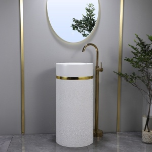 Chiuveta rotunda independenta tip piedestal din ceramica Scot alb-auriu H86 x ??40 cm - Img 12
