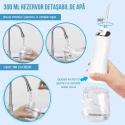 Irigator Oral Profesional pentru Dus Bucal, SeveShop, Fara Fir, Portabil, IPX7, Presiune 30-110 PSI, 6 Capete Curatare, Rezervor 300 ml, Baterie 2000mAh, 5 Viteze, Curatare Interdentara si Subgingivala, Protectie Supraincalzire, Alb Alpin - Img 3