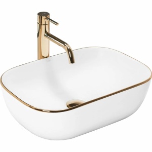 Lavoar de blat REA BELINDA GOLD EDGE, Dimensiuni 45.5 cm x 32x 14 cm, Ceramica Sanitara, fara gaura baterie, Alb - Img 1