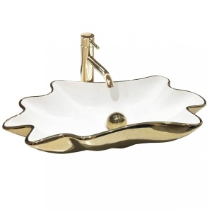 Lavoar De Blat REA INFINITY WHITE GOLD, Dimensiuni 62 X 33 X 11.5 Cm, Montaj Pe Blat, Design Deosebit,Ceramica Sanitara, Alb / Auriu + Dop Click-Clack