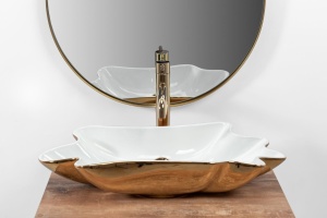 Lavoar De Blat REA INFINITY WHITE GOLD, Dimensiuni 62 X 33 X 11.5 Cm, Montaj Pe Blat, Design Deosebit,Ceramica Sanitara, Alb / Auriu + Dop Click-Clack - Img 6