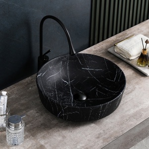 Lavoar pe blat, Fino, marmura ceramica negru cu model alb, Rotund 41,5cm - Img 6