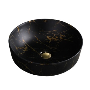 Lavoar pe blat, Fino, marmura ceramica negru cu model auriu, Rotund 41,5cm - Img 1