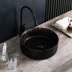 Lavoar pe blat, Lava, marmura ceramica negru cu model auriu, Rotund 36cm - Img 9