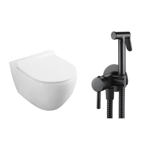 Pachet vas wc suspendat Fluminia, capac softclose si set dus igiena intima negru cu baterie incastrata Rea Loop - Img 1