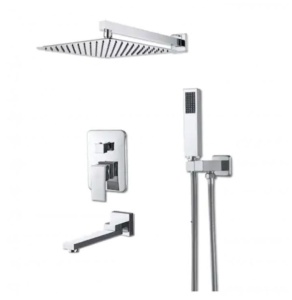 Set baterie crom PRO4 cu trei functii, pentru cada si dus , cu para patrata tip ploaie, baterie incastrata