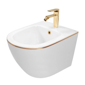 Set Bideu REA CARLO MINI si Vas WC REA CARLO MINI FLAT EDGE, Montaj suspendat, Ceramica sanitara, Capac Soft-Close inclus, Alb/Auriu - Img 5