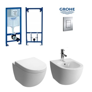 Set Bideu si Vas WC PRO GROHE, montaj suspendat, ceramica sanitara, Vas WC VERA Alfonzo RIMLESS +Bideu +Capac Soft-Close Inclus +Cadru + Clapeta