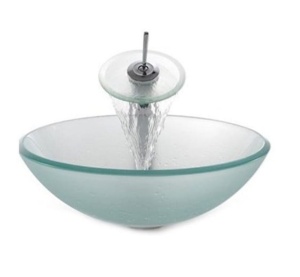 Set complet Chiuveta de blat PRO ERA GLASS si baterie, Forma rotunda, Dimensiuni 42 cm x 42 x 14 cm, Sticla temperata, Incolora matt ( Frozen )