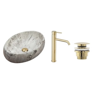 Set lavoar pe blat Rea Linda Stone piatra + baterie Lungo + ventil Click-Clack universal - Img 9