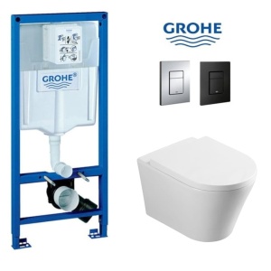 Set Vas WC PRO GROHE, Montaj Suspendat, Ceramica Sanitara, Vas WC SONATA Clementina RIMLESS + Capac Soft-Close STANDARD Inclus + Cadru + Clapeta