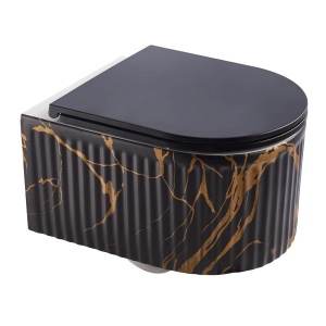 Vas de toaleta WS-W02L-P394-M suspendat cu caneluri, Negru cu model auriu, dimensiune 49X35.5X31CM