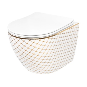 Vas WC REA CARLOS FLAT DIAMOND GOLD, Suspendat, Ceramica Sanitara, 49.5 X 37 X 32 Cm, Scaun Soft-Close Inclus, Forma Ovala, Alb/Auriu