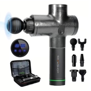 Aparat pentru Masaj Profesional Tip Pistol SeveShop, 8 Capete Interchangeabile, 30 Viteze, Motor Silentios Fara Perii, 3200 Percutii pe Minut, Baterie 2500mAh, Servieta Depozitare Inclusa, Ideal pentru Relaxare si Ameliorare Durere pe Corp, Negru