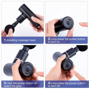 Aparat pentru Masaj Profesional Tip Pistol SeveShop Mini Gun, 4 Capete Interchangeabile, 4 Viteze Reglabile, Motor Silentios Fara Perii, 3200 Percutii pe Minut, Baterie 1500mAh, Durata Lunga de Functionare, Servieta pentru Depozitare Inclusa, Negru Mat - Img 2