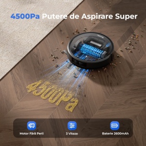 Aspirator Robot Podea 3 in 1 SeveShop® D10S Teendow, Functie Mop, WiFi Navigatie LiDAR 360°, Harti Multi-Etaje, Putere de Aspirare 4500 Pa, Control prin Teendow si Alexa, Spalare, Multi-Suprafete, Aspirare Robot, Autonomie 2600 mAh, Slim 9.8 cm, Negru - Img 2