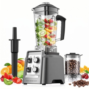 Blender Profesional 2 In 1 SeveShop® Teendow, Motor Puternic 1800W, Blender Cu Rasnita Cafea, Functie Timer, Pulse, Intensitate Viteza Reglabila, 6 Lame Inox Multifunctionale, Blender Multifunctional Smoothie, Sucuri Si Macinare, Capacitate 2L, Gri