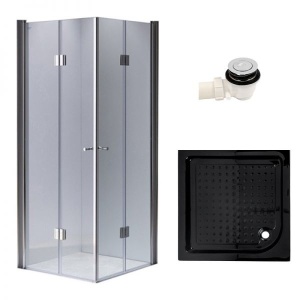 Cabina de dus KZ1290C Patrata 100x100cm, Design Modern Crom + Cadita de dus STL02C Negru
