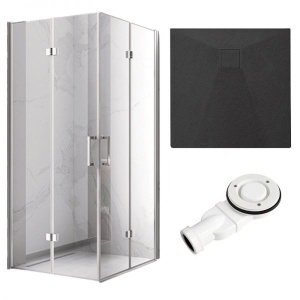 Cabina de dus Patrata, Dimensiune 90x90cm, Culoare Crom+Cadita de dus RIKO neagra