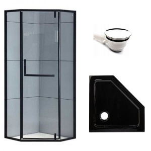 Cabina de dus Pentagonala KZ4026A, Dimensiune 80x80cm, Culoare Negru+ Cada de dus neagra