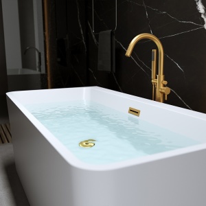 Cada de baie SOFIA 515B, Dimensiune 150x75cm, Culoare Alb, Deversor Auriu Periat - Img 5